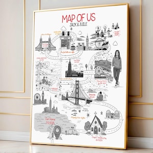 以下が含まれることがあります： 「MAP OF US」というタイトルの、赤色の「JACK & JUILE」という名前が入った、額入りの白黒地図イラスト。 地図にはランドマーク、女性、そして「Our Home 17-2-2025」と「Chapel - Wedding Day 26-5-2024」を含むテキストが描かれています。