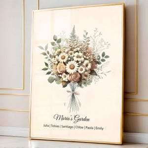 Impresión de ramo familiar de flores de nacimiento, regalo del Día de la Madre para la abuela, arte floral del mes de nacimiento, regalo de cumpleaños personalizado para mamá, digital personalizado
