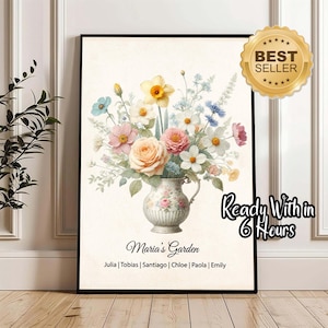 Birth Flower Family Bouquet, Personalised Watercolour Birth Flower Print, Wall Art, Birthday Gift, Minimalist Home Decor, Personalised gift