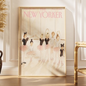 May include: A framed print of a vintage The New Yorker magazine cover dated August 24, 1964. The illustration features a group of children in ballet attire, including black leotards and pink tutus, standing and posing in a dance studio setting.