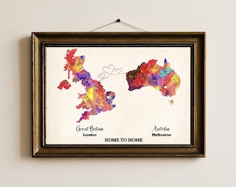 Personalised Map Print - Any two countries - Custom Map Art - Available in 9 Colours