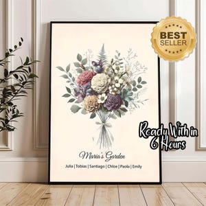 Impresión de ramo familiar de flores de nacimiento personalizado, regalo de flores del mes de nacimiento para mamá, regalo de madre, impresión de arte de pared digital personalizada, regalo personalizado