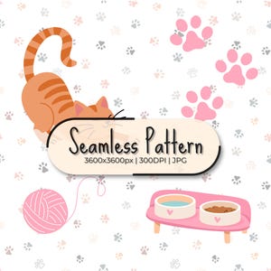 Pode incluir: Um design de padrão contínuo com um gato tigrado laranja brincalhão se alongando, uma bola de lã rosa e uma tigela rosa para comida e água para animais de estimação. O fundo é coberto com pegadas. O texto "Seamless Pattern" é exibido.
