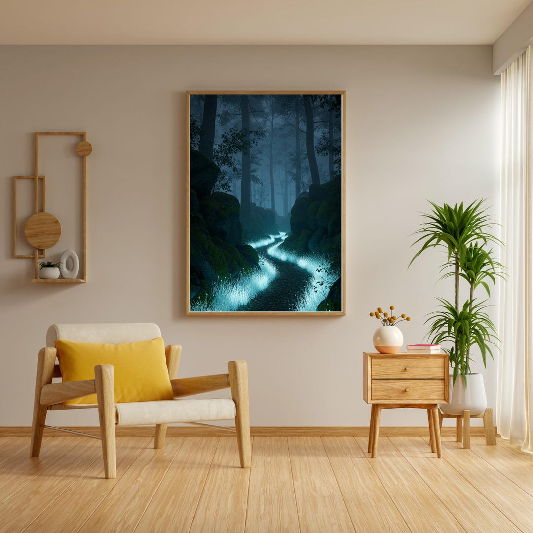 Enchanted Glowing Forest Path Wall Art Print, Mystical Foggy Landscape ...
