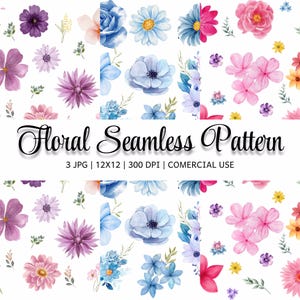 Pode incluir: Um design de padrão floral sem costura com flores em aquarela em tons de roxo, rosa e azul. A imagem inclui vários tipos de flores, como rosas, margaridas e anêmonas, dispostas em um fundo branco. O texto "Floral Seamless Pattern" é exibido.