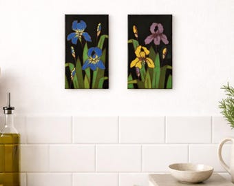 Ceramic Iris Tile Set • Hand Painted Wall Decor • Floral Trivet • 1980s