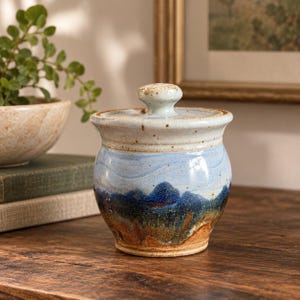 Lidded Jar, Signed Hand Thrown Stoneware, Studio Pottery Blue Brown Glaze