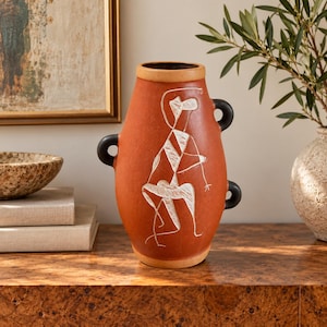 Ceramic Vase with Abstract Figure, Terracotta Art Pottery