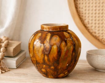 Ceramic Vase, Mid Century Studio Pottery, Green Brown Drip Glaze Pottery