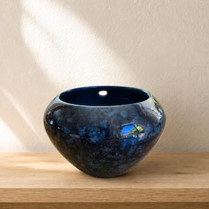 Ceramic Planter, Vintage 1992 Iridescent Blue Studio Art Pottery