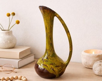 Ceramic Pitcher Vase Green Drip Glaze Organic Form Ewer Mid Century Modern