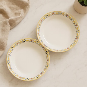 Pode incluir: Duas tigelas de cerâmica branca com uma borda floral amarela, azul e vermelha. As tigelas estão sobre uma superfície de mármore branco, com um pano bege ao fundo. Uma pequena planta em vaso é visível no canto superior direito.