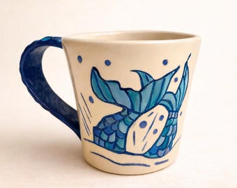 Taza de sirena, taza de cerámica hecha a mano, cerámica firmada