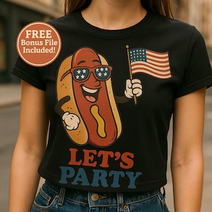 Funny 4th of July Hot Dog Shirt , Let’s Party , Patriotic Food Graphic Tee , Independence Day , USA , Summer, Funny, American independence