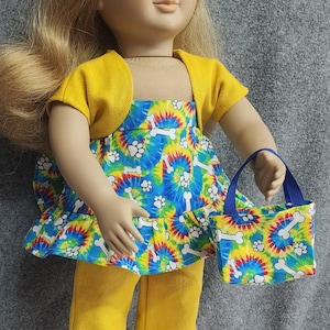 18-inch handmade doll pant set, tye die top with yellow pants & shrug