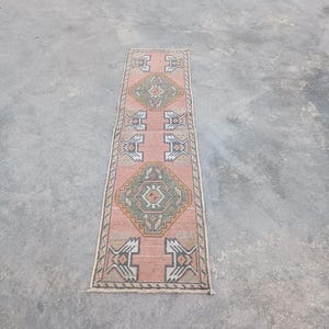 2x6 Vintage Ousak Turkish Wool Runner Rug – Pink Green Patchwork Corridor Accent (1.8x6.2 FT)