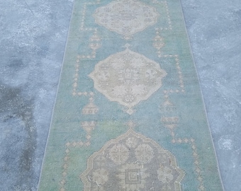Vintage Turkish Oushak Runner Rug, 3x9 Hand Knotted Green Beige Wool Carpet 3x9 Narrow Runner Kitchen One OfA Kind Rug