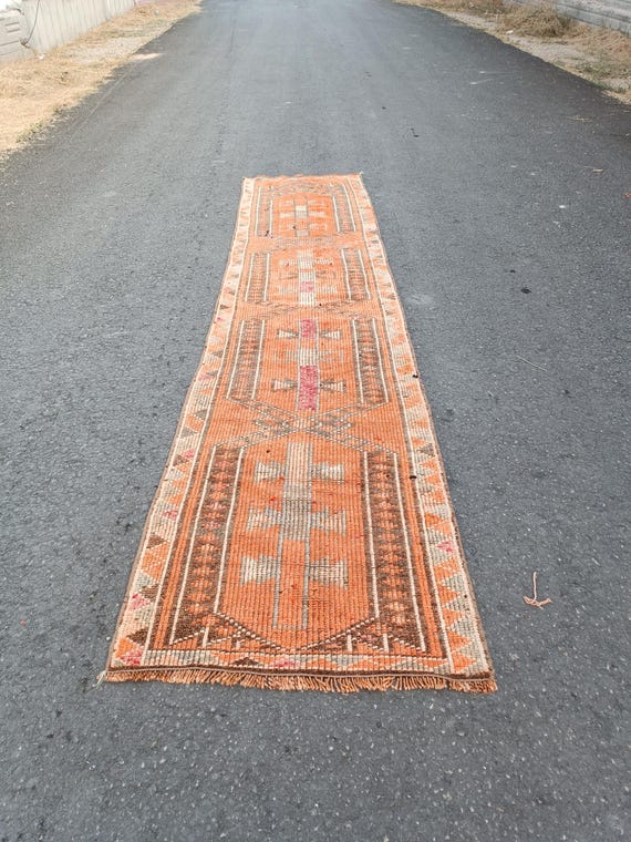 Vintage Turkish Wool Runner, 3x12 Light Orange Gray Tribal Rug 3x12 Hand Knotted Carpet Entryway Boho Runner Rug Stairs Runner