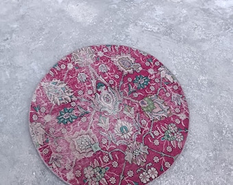 Vintage Round Turkish Rug, Pink Floral Oushak Style, Handwoven Wool (3x2 ft.)