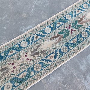 May include: A narrow, rectangular rug with a cream central field and borders in shades of blue, green, and brown. The rug features floral and geometric patterns, creating a vintage or traditional aesthetic. The rug is likely made of woven material.