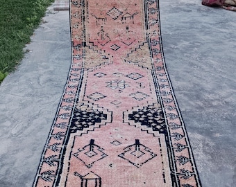 Vintage Turkish Oushak Wool Runner Rug, Entryway Hallway Boho Runner 3x10 Feet Corridor Neutral Pastel Rug Handmade Unique Carpet
