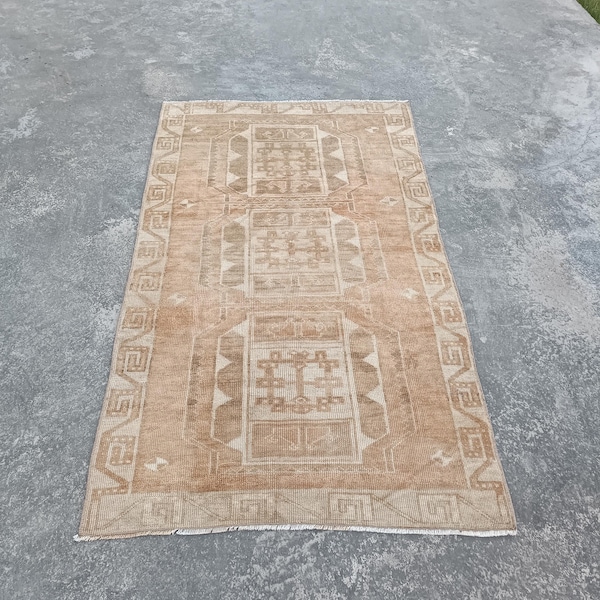 Vintage Oushak Wool Rug 3x6: Handmade Anatolian Carpet for Bedroom Living Room