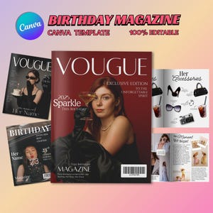 カスタム誕生日雑誌テンプレート – ヴォーグスタイルの記念品 | 編集可能なCanva印刷可能なギフト