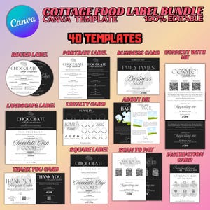 May include: A collection of 40 editable Canva templates for food labels, business cards, and more. The templates include round, portrait, landscape, and square labels, as well as loyalty cards and instruction cards. The design features a black and white color scheme.