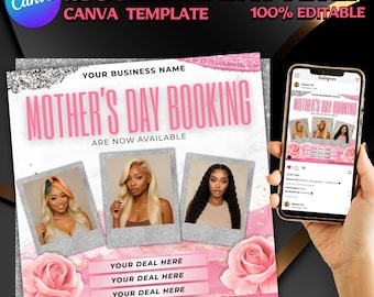 May include: A flyer advertising Mother's Day booking appointments. The flyer features a pink and silver background with three photos of women with different hairstyles. The text "Mother's Day Booking Are Now Available" is written in large, bold letters. The flyer also includes the text "Your Business Name", "Your Deal Here", "@YourSocial", and "www.yourwebsite.com".