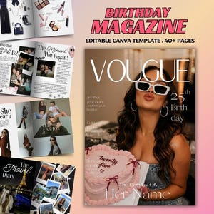 May include: A birthday magazine template with a pink and white color scheme. The cover features a woman wearing sunglasses, holding a heart-shaped cake. The text reads "BIRTHDAY MAGAZINE" and "VOUGUE". Inside pages show fashion and travel photos.