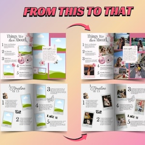 Peut inclure: Un mod&egrave;le de scrapbooking num&eacute;rique montrant une comparaison avant et apr&egrave;s intitul&eacute;e FROM THIS TO THAT. La mise en page pr&eacute;sente des pages intitul&eacute;es Things We love About et A Timeline of Us, avec des listes num&eacute;rot&eacute;es et des cadres photo.