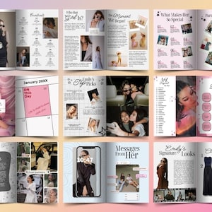 Peut inclure: Une mise en page de scrapbooking num&eacute;rique multi-pages pr&eacute;sentant diverses sections, notamment un calendrier, des collages de photos, des listes et des en-t&ecirc;tes de texte comme 20XX Baby, Who That Girl Is, What Makes Her So Special et Chloe's Bingo.