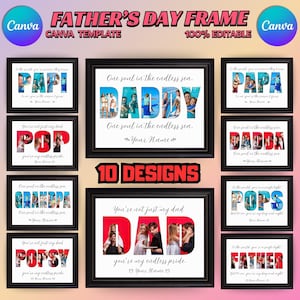 Pode incluir: Uma coleção de molduras para o Dia dos Pais com vários designs. Cada moldura apresenta uma palavra diferente como "DAD" ou "PAPA" com fotos dentro. As molduras são pretas e o texto é em várias cores. As palavras "Father's Day Frame" e "100% Editable" também são visíveis.
