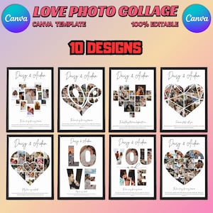 May include: Ten framed photo collages with different heart and word designs. Each collage includes multiple photos and the names "Daisy & Aidan". The image's top text reads "LOVE PHOTO COLLAGE" and "100% EDITABLE".