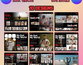 May include: A digital collage template with the text "DADFLIX PHOTO COLLAGE" and "CANVA TEMPLATE". The design features 10 different layouts with photos and the words "DAD & ME" and "My Dad, My World".