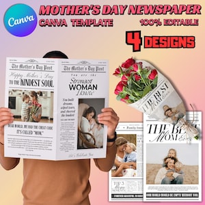 Plantilla de periódico editable en Canva para el Día de la Madre / Regalo personalizado para el Día de la Madre / Tarjeta imprimible y envoltorio de ramo de flores / Regalo DIY para mamá