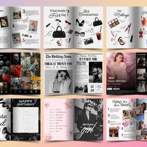 Peut inclure: Une mise en page de scrapbooking d'anniversaire multi-pages pr&eacute;sentant des collages de photos, des accessoires de mode illustr&eacute;s, du maquillage, des parfums, un profil de r&eacute;seau social fictif, un jeu de mots et des titres comme The Birthday News.