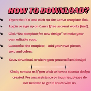Peut inclure: Un graphique d'instructions sur un fond d&eacute;grad&eacute; doux avec le titre HOW TO DOWNLOAD? suivi des &eacute;tapes : Ouvrez le PDF et cliquez sur le lien du mod&egrave;le Canva, connectez-vous, cliquez sur Use template for new design, personnalisez et enregistrez.