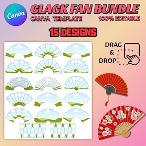 Puede incluir: Un paquete de plantillas de Canva con 15 diseños de abanicos. La imagen muestra varias ilustraciones de abanicos con cielos azules y paisajes verdes, además de dos abanicos rojos. El texto incluye "CLACK FAN BUNDLE", "CANVA TEMPLATE" y "100% EDITABLE".