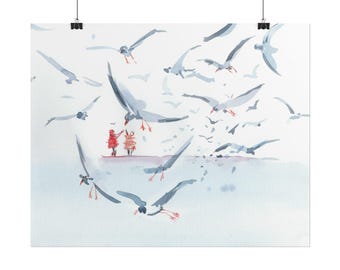 Birds in Flight Print, Coastal Decor, Seaside Home Accents, Bird Wall Art, Nature Lover Gifts,  Birds Painting Horizontal Poster