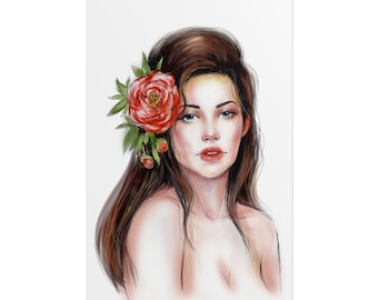 Romantic Watercolor Woman Portrait with Red Flower | Hand-Painted Print | Feminine Wall Art | Digital & Physical Art Print, Gift for her