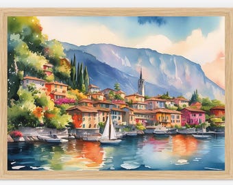 Varenna Framed Print | Fine Art | Paronama Town by lake Como, Lombardia, Italy | Italian scenic town view | Painting, Wall Art, Home, Office