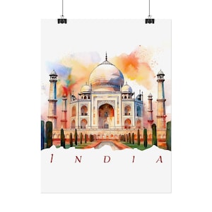 May include: Watercolor print of the Taj Mahal in India. The white marble mausoleum is centered, with colorful splashes of orange, yellow, and purple in the background. The word "INDIA" is printed at the bottom.