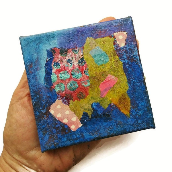 Miniature Canvas Artwork Abstract Painting in Acrylic & Collage Tiny Fine Art Original 4 x 4 Inches
