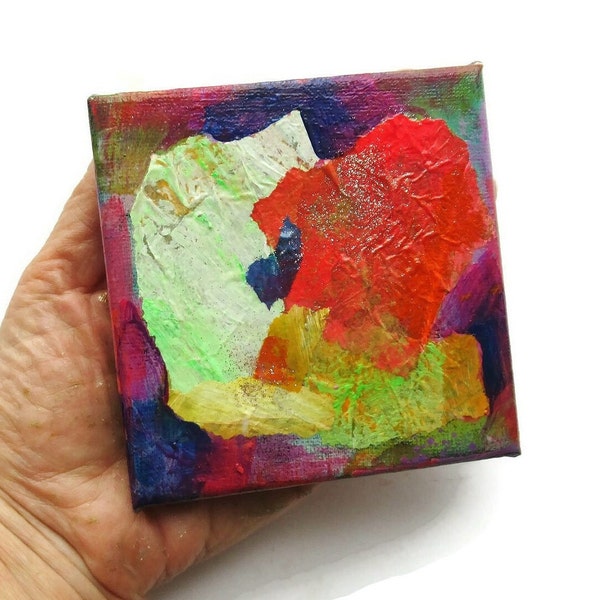 Mini Canvas Abstract Painting Miniature Original Artwork in Acrylic & Collage Tiny 4x4" Fine Art