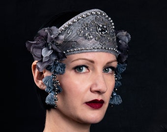 Grey 1920s flower headdress, nouveau style floral and pearl pointed costume headpiece with tassels and bells