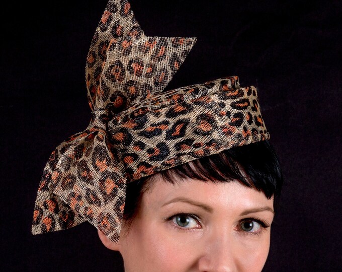 Leopard Print Pillbox Hat With Large Bow, Animal Print Ascot or Formal