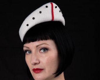 80s inspired white pointed hat with black and red detail, New Romantic Blitz kid headpiece