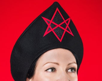 Black and red pointed gothic, occult, black metal costume hat with hexagram glitter detail