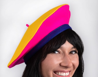 Colourful neon beret in pink, blue, yellow | large felt halo beret in bright 80s Memphis colours